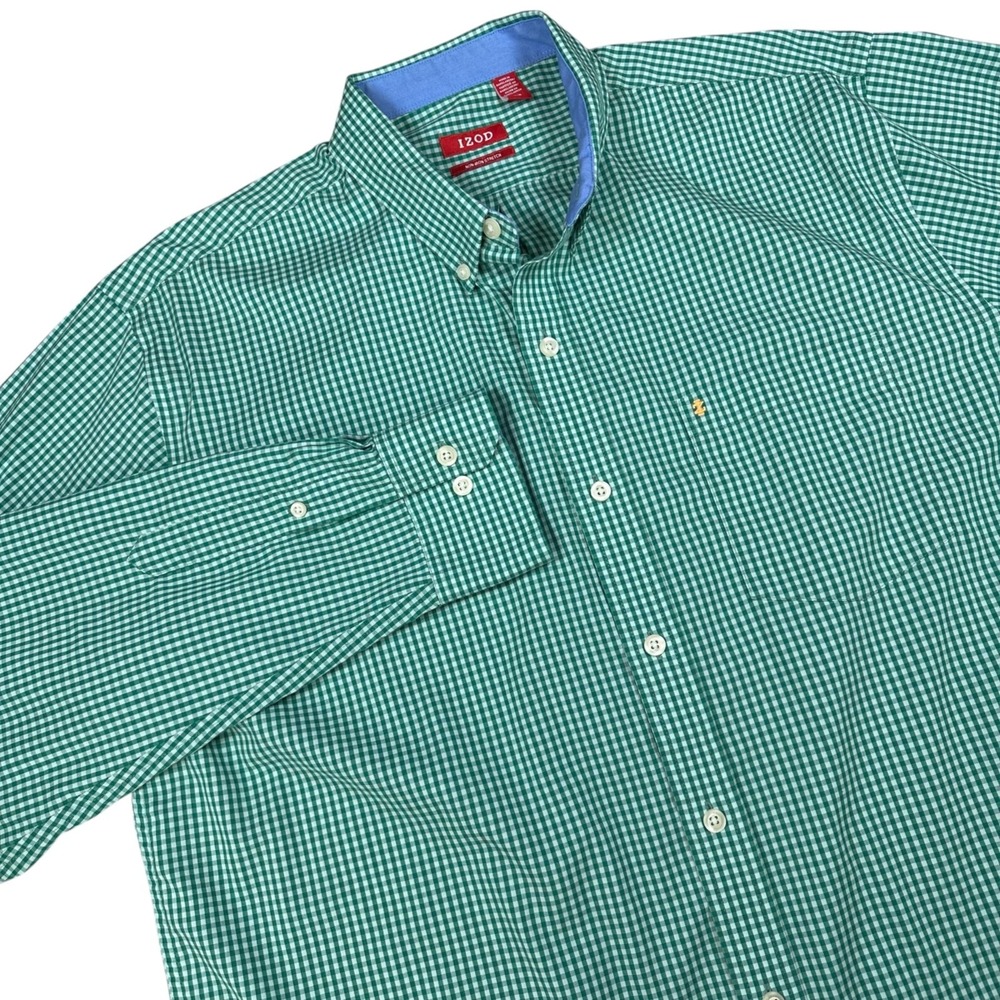 IZOD Green & White Gingham Check Non-Iron Stretch Button Down Shirt Men's Large - Picture 6 of 11